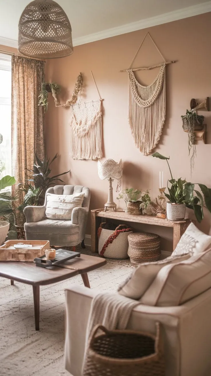 A cozy boho living room blends shabby chic, cottage, and farmhouse styles with eclectic furniture, macrame, rattan, and lush plants for a warm, inviting atmosphere.