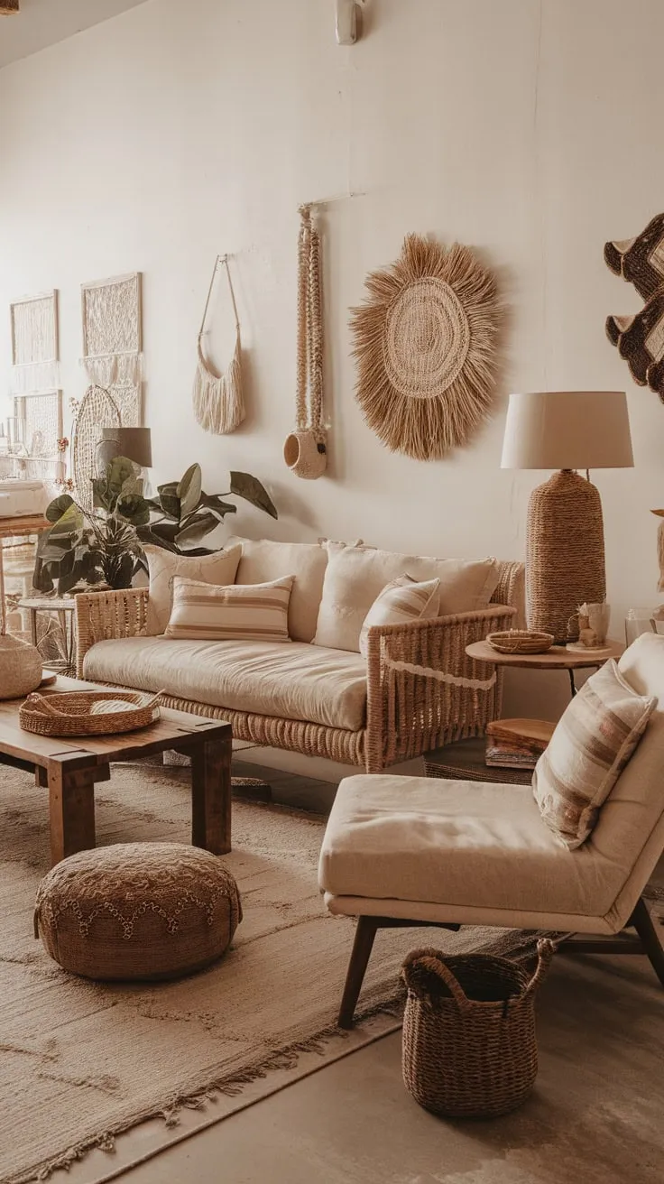 A cozy boho living room features a beige sofa, wooden furniture, and eclectic décor creating a warm and inviting atmosphere.