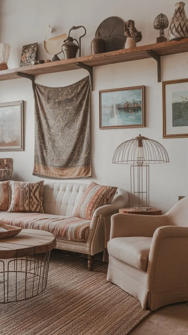 A woven rug, patterned pillows, and eclectic wall art create a cozy boho living room haven.