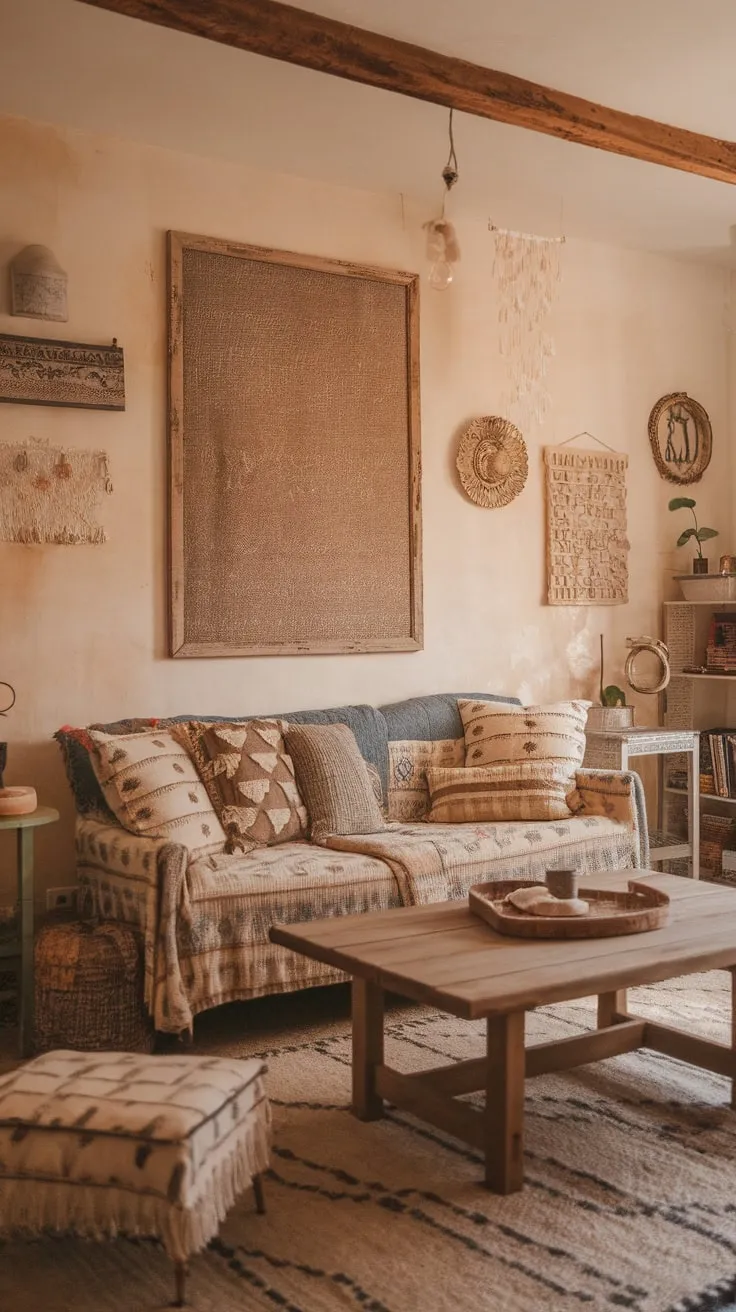 A comfortable boho living room blends shabby chic and cottage styles with artwork and a patterned sofa for a relaxed atmosphere