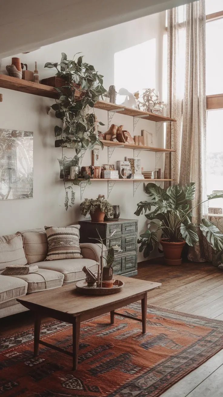 Sunlight streams into a high-ceilinged boho living room, where eclectic décor and a vintage rug create a cozy farmhouse-inspired haven.
