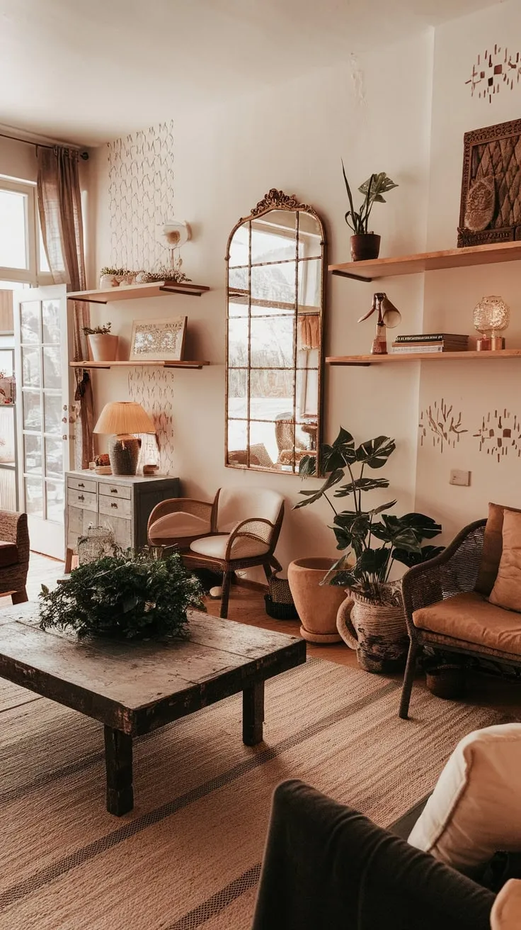Warmth and inviting charm fill a boho living room, its worn wooden table and patterned walls creating a cozy, vintage atmosphere.