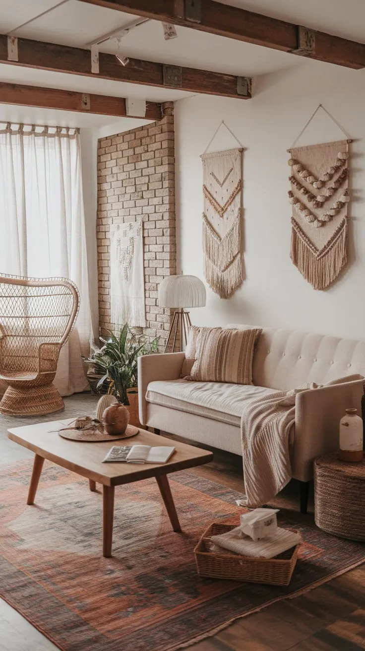 A cozy boho living room features a beige sofa, wooden accents, a vintage rug, and eclectic décor creating a relaxed atmosphere.