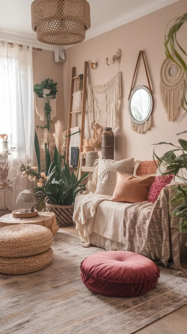 A beige-walled haven blends farmhouse simplicity with boho chic through layered textures and eclectic décor.