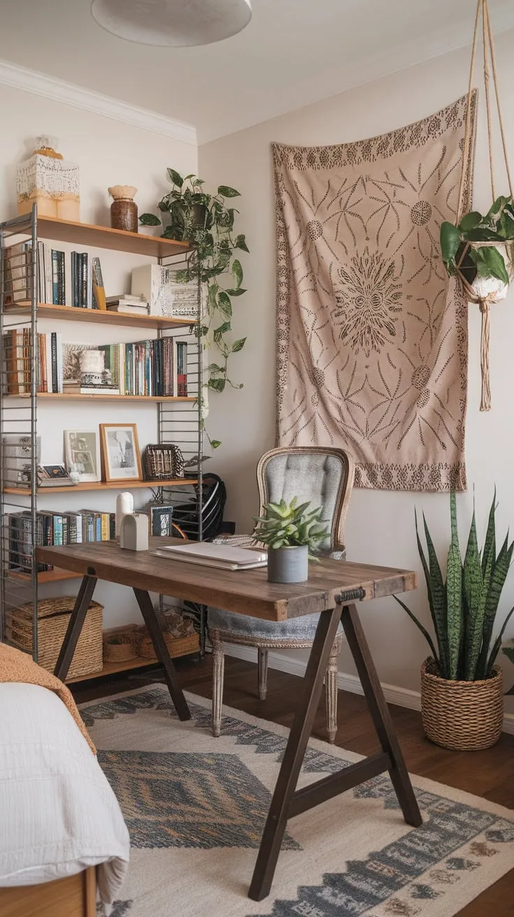 A bedroom's bohemian office boasts a wooden desk, vintage chair, and vibrant tapestry, creating a cozy and inspiring workspace.