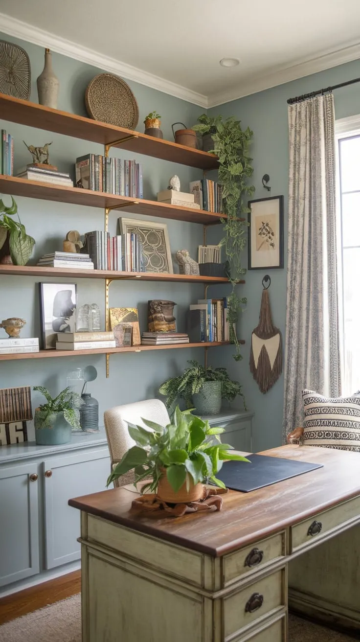 A soft blue-walled boho office blends eclectic décor, books, plants, and a comfy reading chair for inspired work and relaxation.