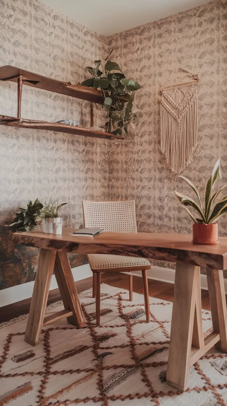 A bohemian office space blends woven textures, floral wallpaper, and natural elements for a uniquely stylish workspace.
