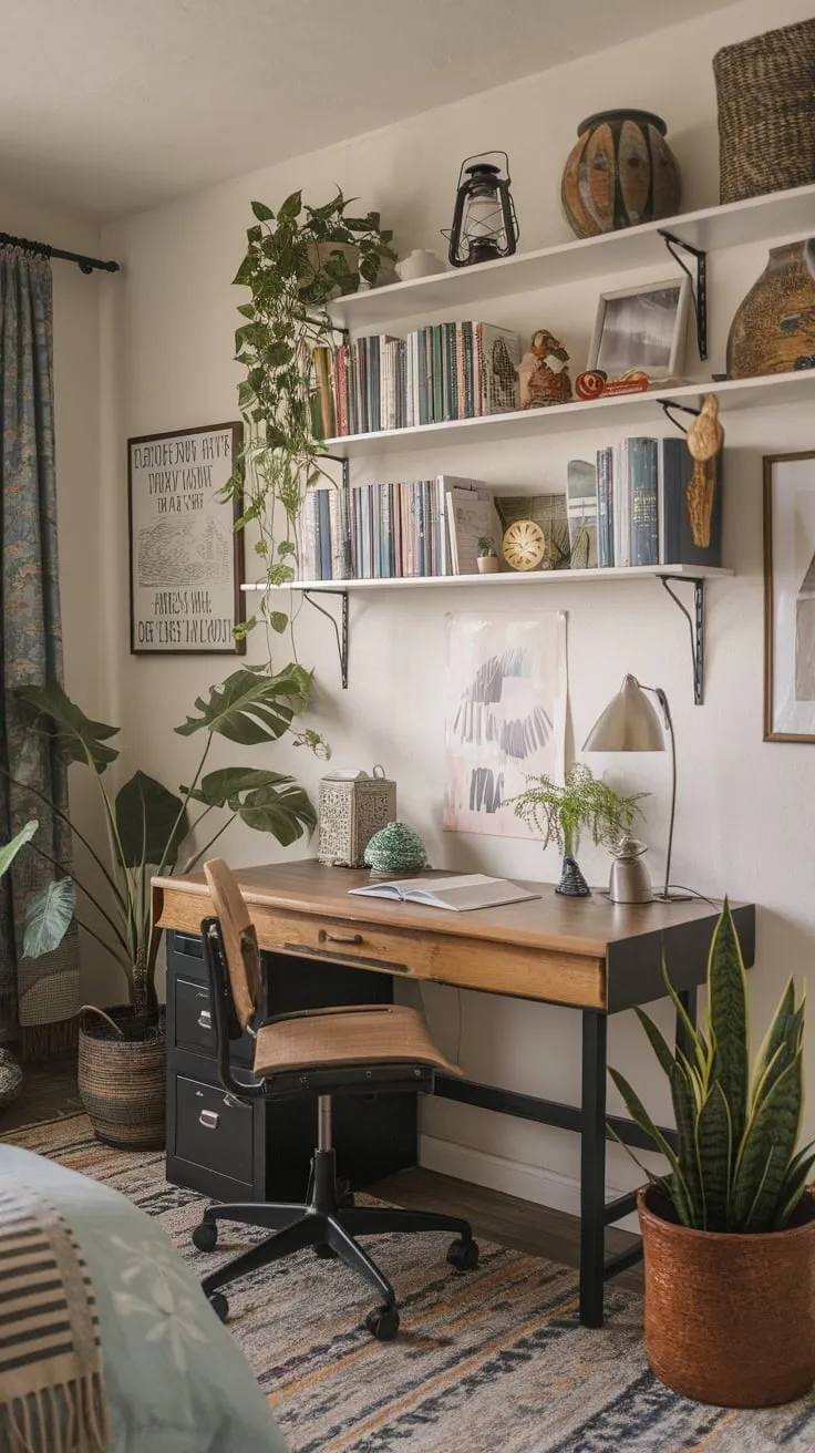A cozy bedroom office blends bohemian style and eclectic décor, creating a calming and inspiring workspace.