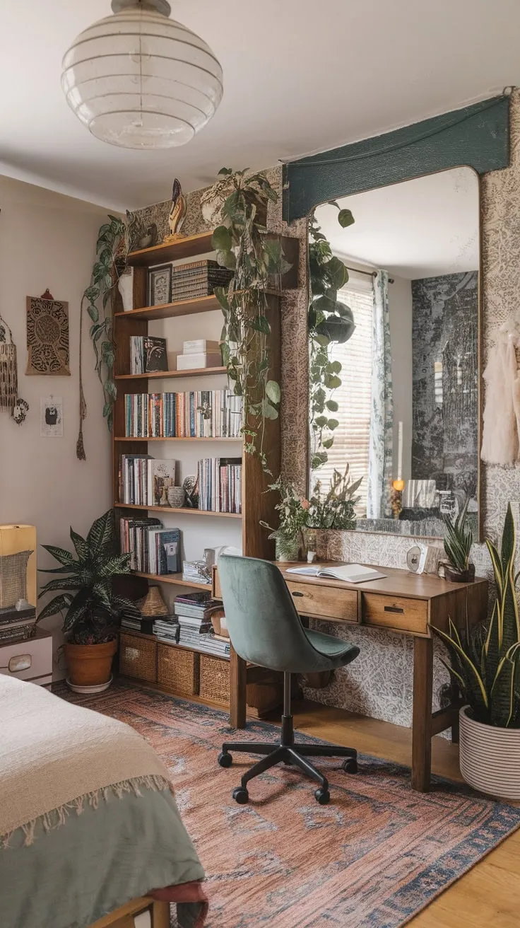 A bedroom's cozy corner is reimagined as a bohemian workspace, complete with a wooden desk, overflowing bookshelves, and lush greenery.