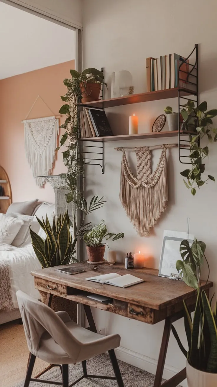 A cozy bedroom-office blend boasts a warm boho vibe with eclectic décor, plants, and macrame.