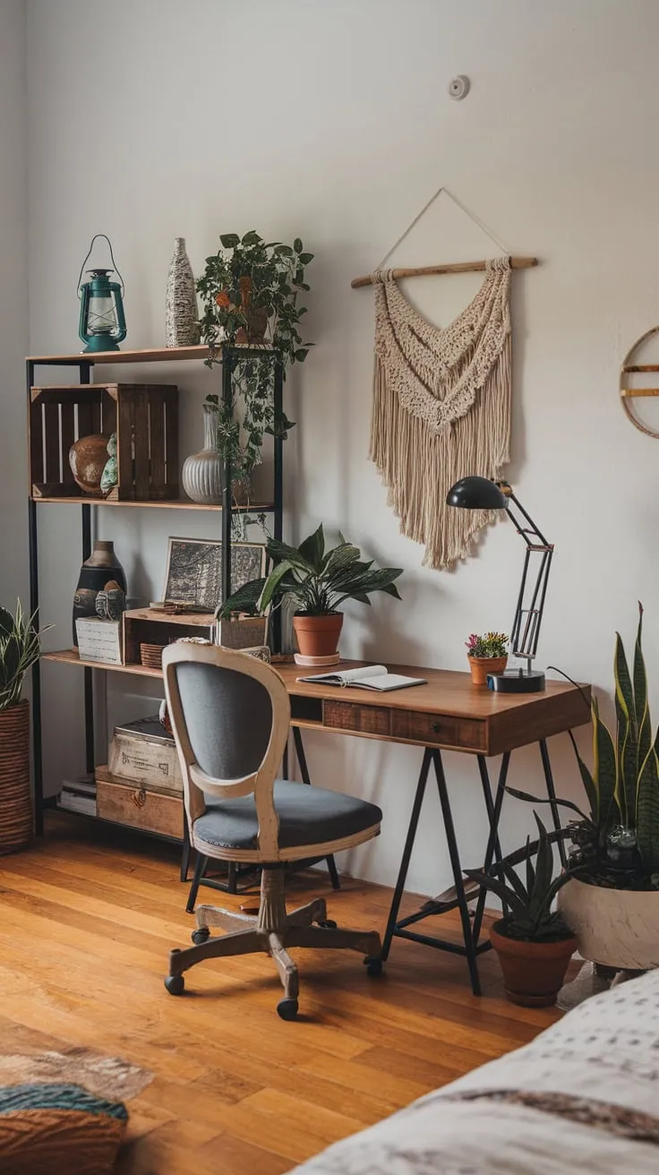 A bedroom's cozy corner transforms into a captivating boho workspace featuring a wooden desk, vintage accents, and lush greenery.