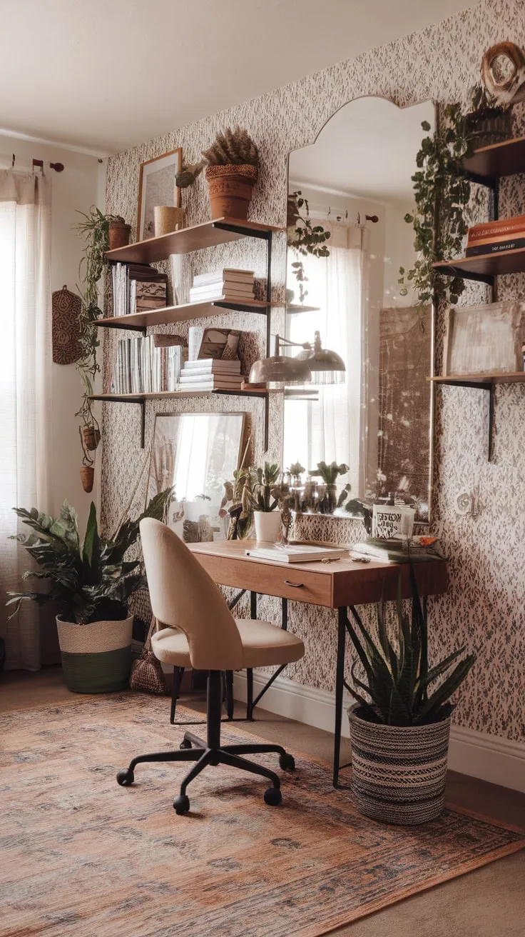 A patterned rug, patterned wallpaper, and overflowing bookshelves create a vibrant yet calming boho workspace.