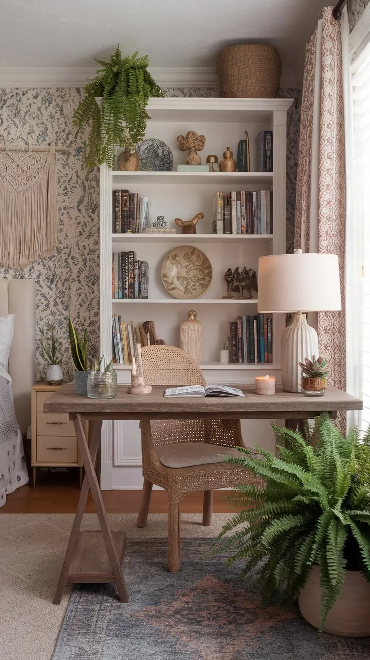 A floral-wallpapered bedroom nook transforms into a charming boho office with a woven chair, macrame, and eclectic desk décor.