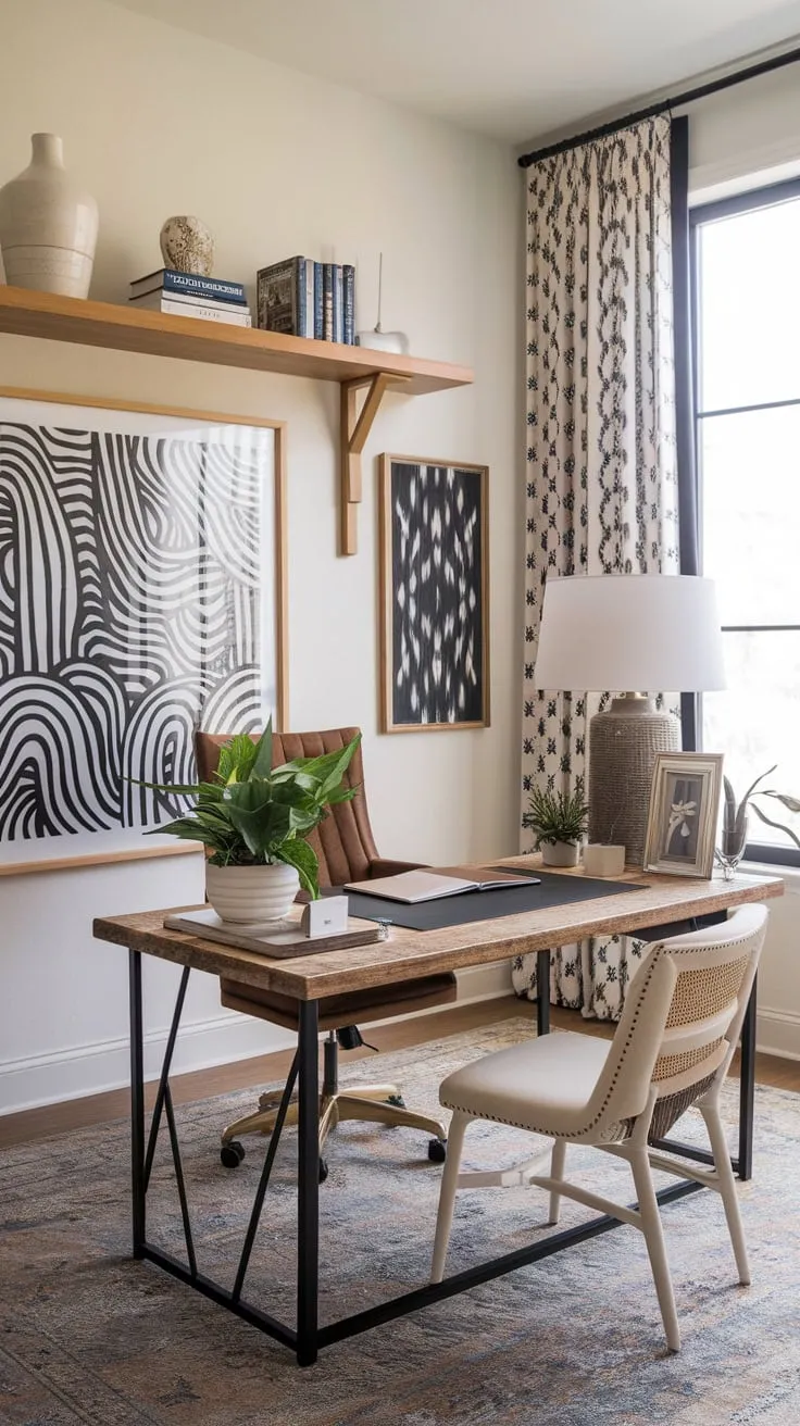A patterned rug, eclectic art, and a wooden desk create a vibrant boho office haven.
