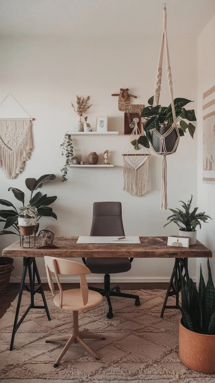 A bohemian workspace blends eclectic decor, natural elements, and artistic touches for a calming and inspiring atmosphere.