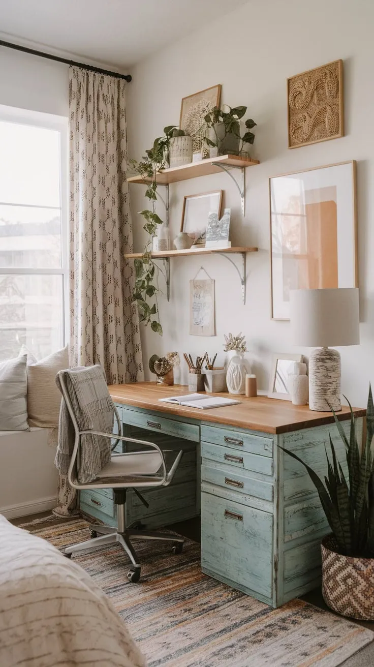 A creative boho bedroom office blends eclectic style, natural light, and personal touches for an inspiring workspace.
