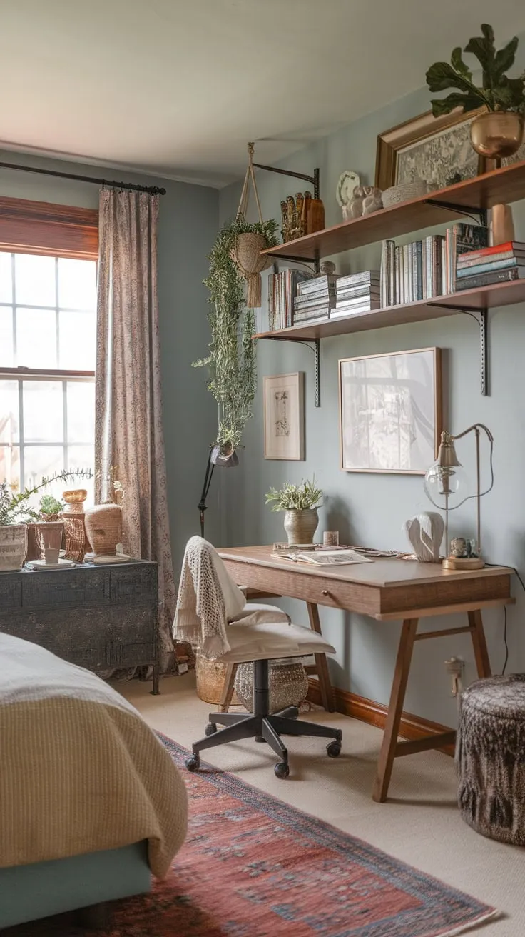 A soft blue bedroom transforms into a warm, inviting boho office with eclectic furniture, a hanging plant, and vintage lighting.