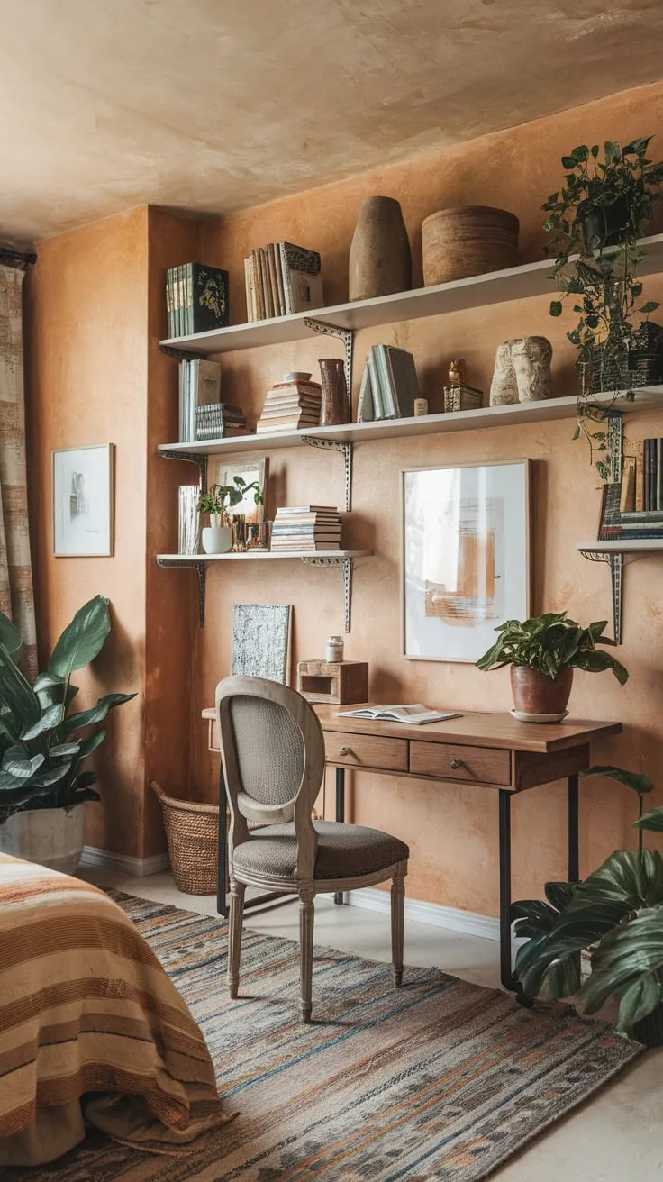 A warm-hued bedroom office boasts boho charm with a wooden desk, vintage chair, and shelves overflowing with books and plants.