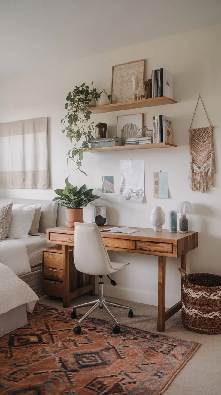 A bedroom's cozy corner transforms into a stylish boho workspace with a wooden desk, plants, and eclectic décor.