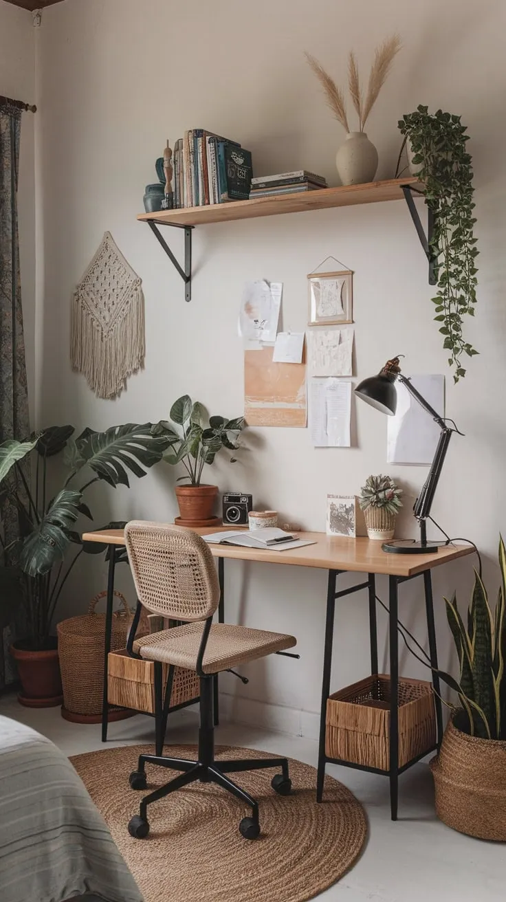 A cozy bedroom office boasts bohemian charm with a woven rug, potted plants, and vintage accents.