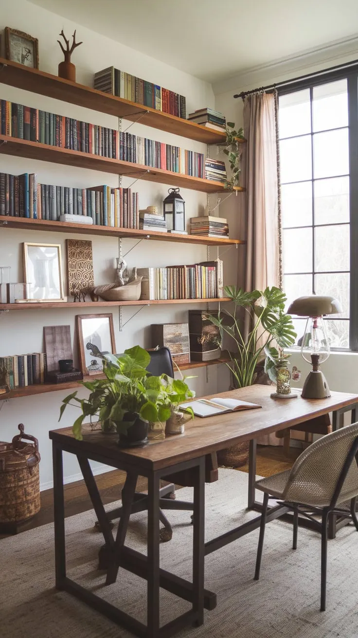 A sunlit boho workspace blends vintage finds and natural elements for a relaxed yet inspiring atmosphere.
