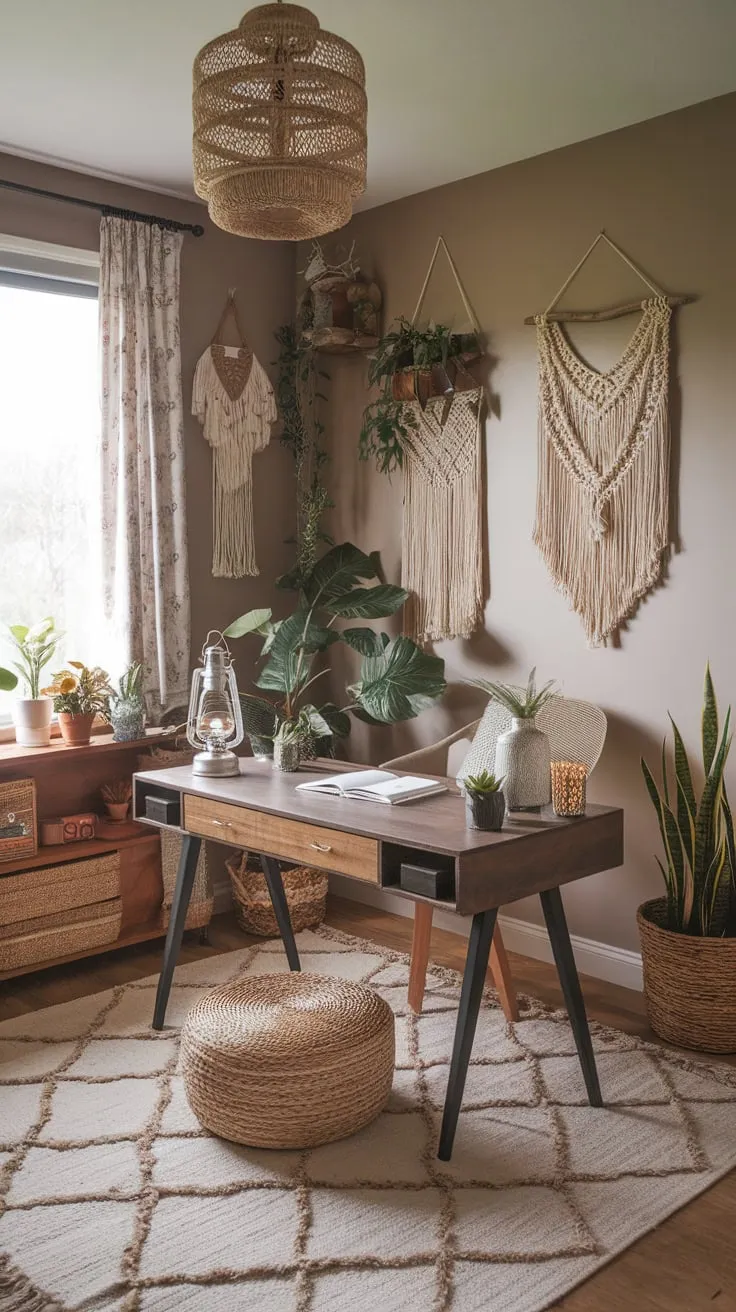 Natural light floods a cozy boho office, its eclectic charm enhanced by woven textures, plants, and a wooden desk.