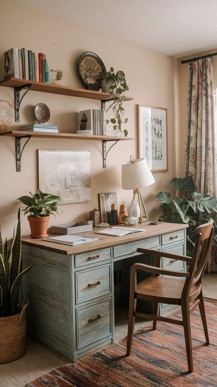 A distressed wooden desk, overflowing bookshelves, and a cozy rug define this charming boho workspace.