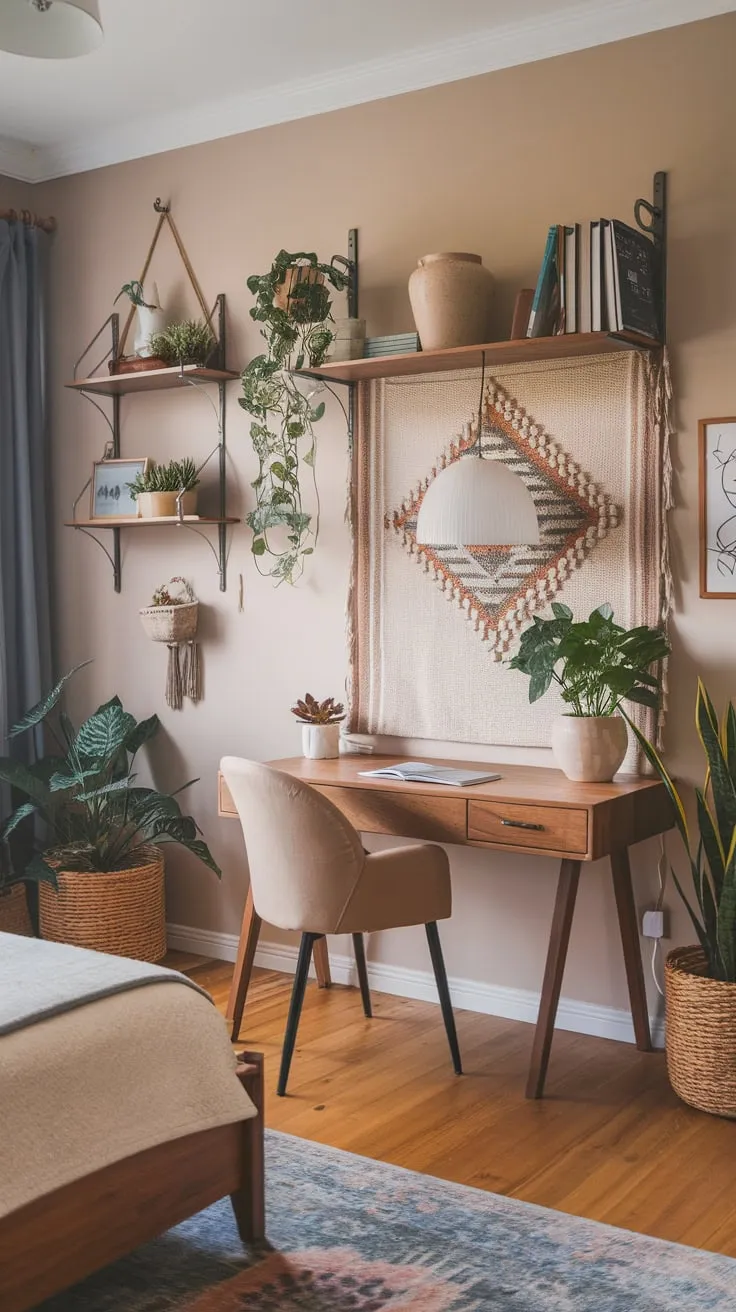 A bedroom's boho office blends wooden textures, greenery, and patterned rugs for a cozy and stylish workspace.