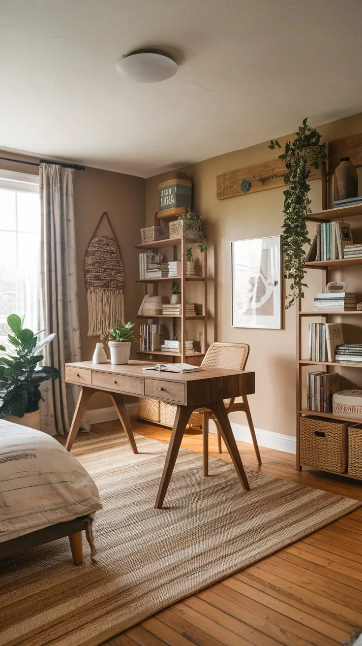 A beige-walled bedroom transforms into a cozy boho workspace featuring a wooden desk, woven rug, and overflowing bookshelves bathed in natural light.