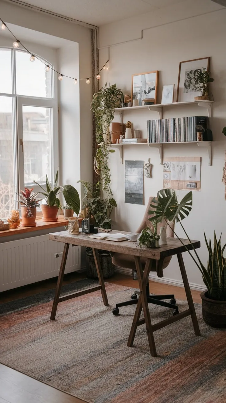 Cozy fairy lights illuminate a bohemian office brimming with plants, books, and creative charm.