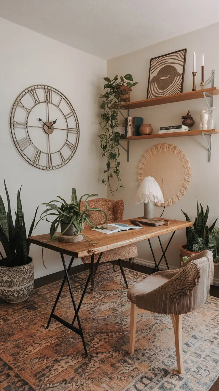 A charming boho office blends natural elements and unique finds for a relaxed yet inspiring workspace.