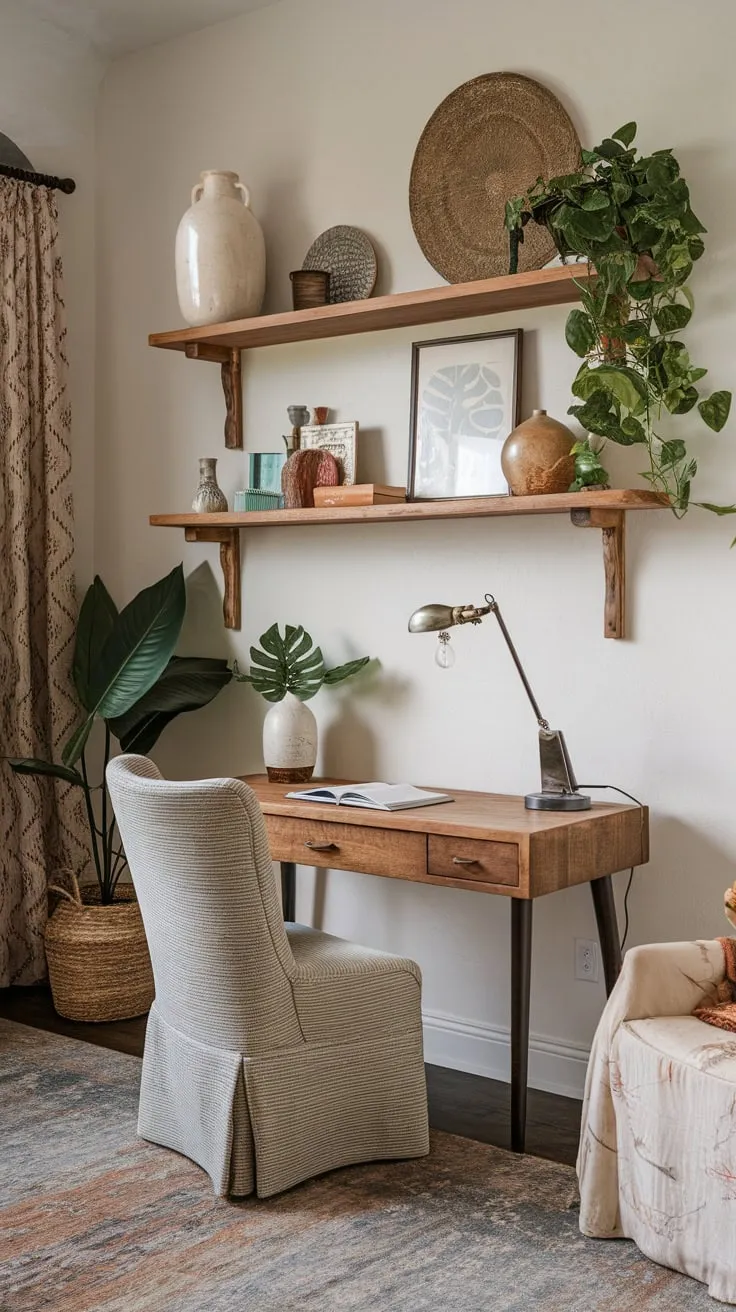 A wooden desk, patterned rug, and lush greenery create a tranquil boho office haven within a bedroom.