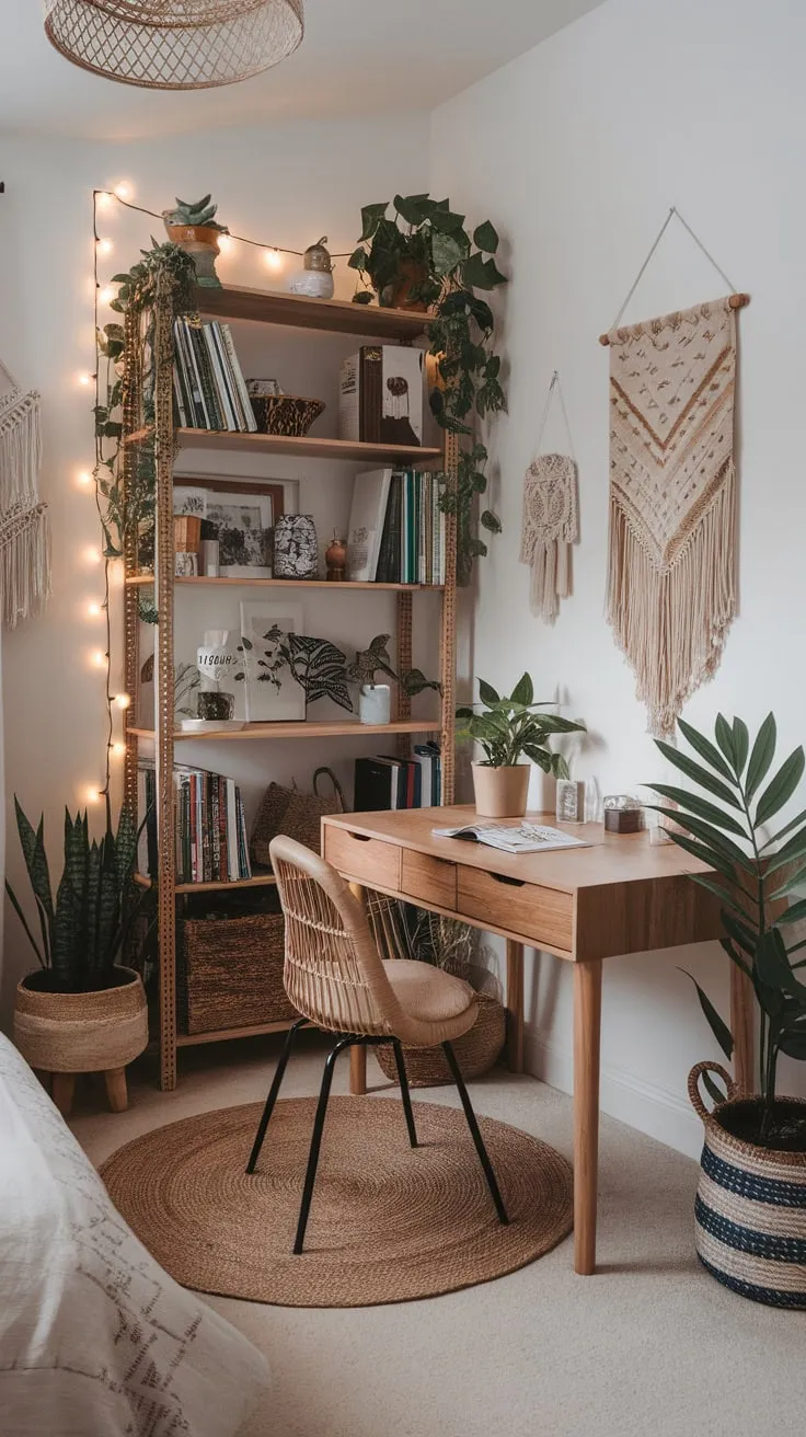 A woven rug anchors a cozy and eclectic boho office space nestled within a bedroom, brimming with plants and whimsical décor.