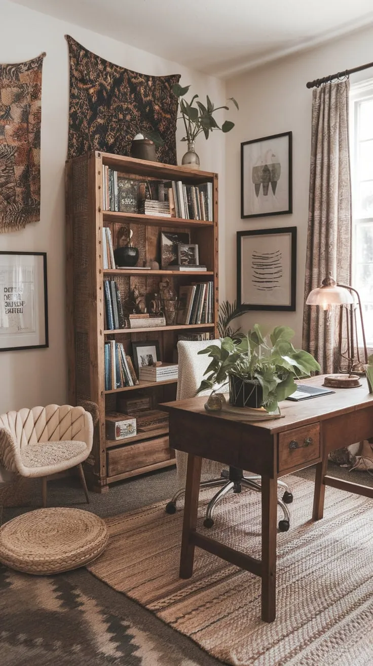 A bohemian office space blends eclectic furniture, vibrant tapestries, and natural elements for a creative and inspiring workspace.