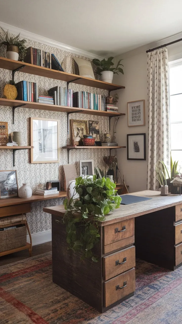 A patterned wallpaper, overflowing bookshelves, and a vibrant green plant accentuate the eclectic charm of this boho office space.