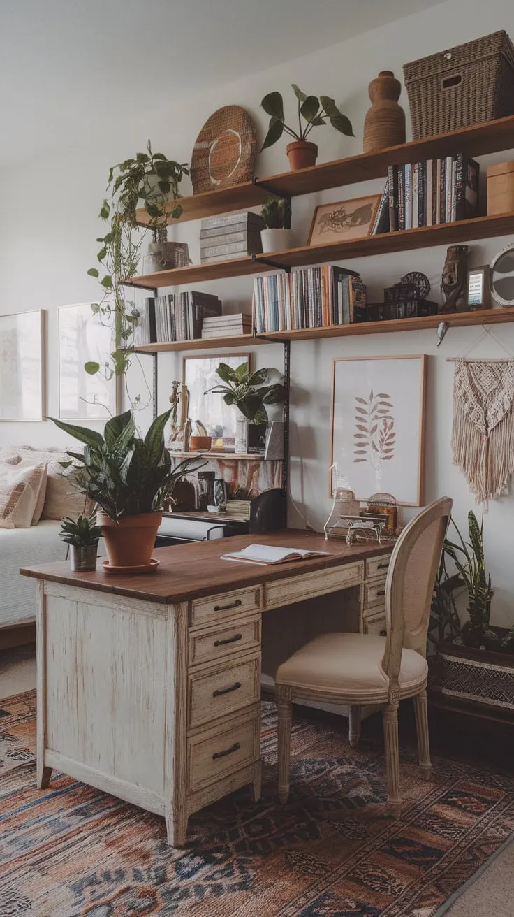 A cozy bedroom boasts a bohemian workspace featuring a distressed desk, macrame accents, and curated bookshelves.