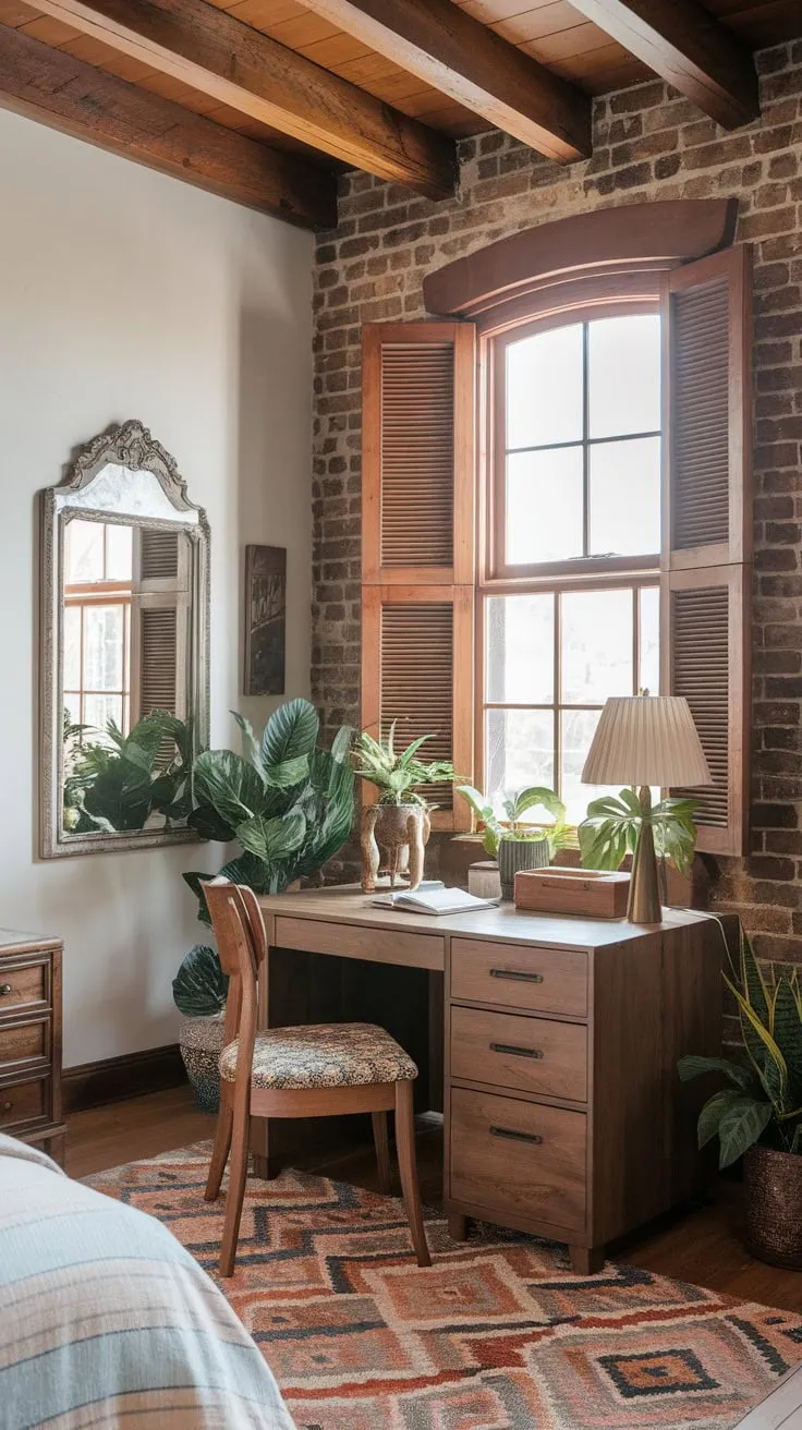 A bedroom's boho office nook boasts exposed brick, wooden beams, and eclectic décor, creating a cozy and inspiring workspace.