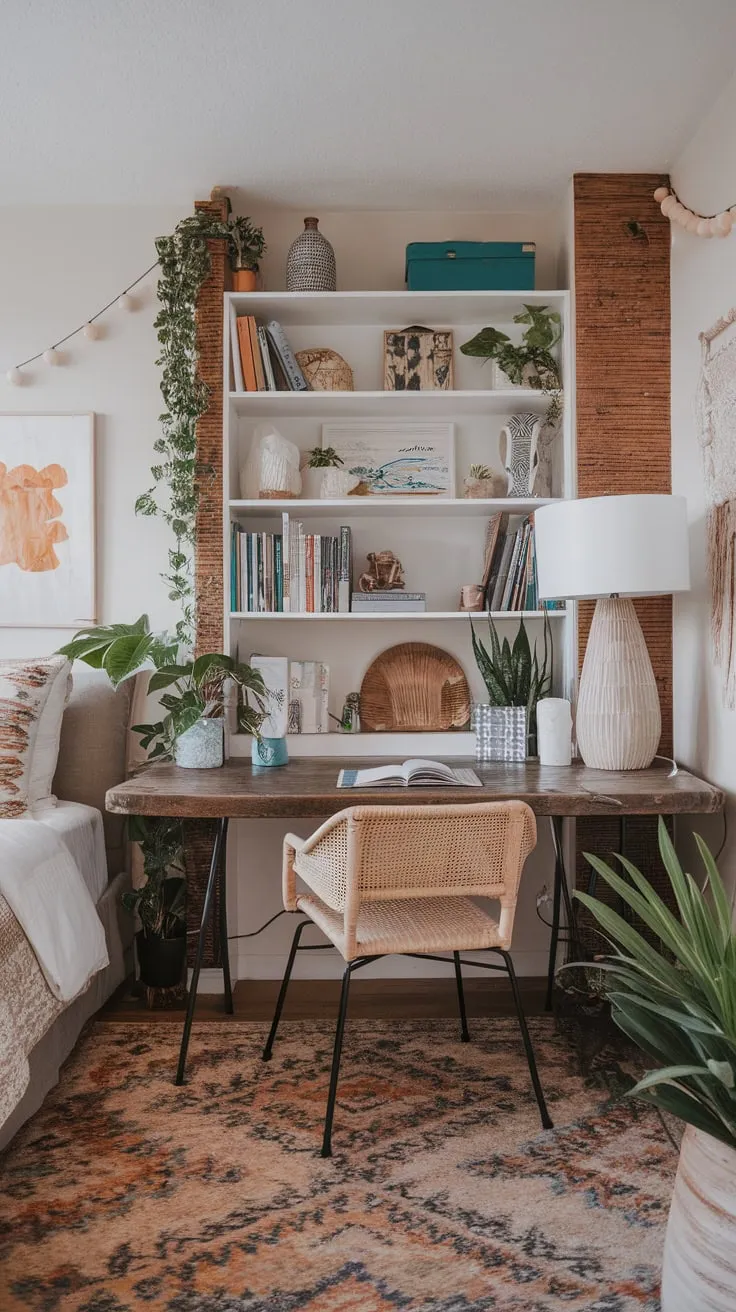 A bedroom's boho office features a wicker chair, a wooden desk adorned with plants and art, and a bookshelf overflowing with books and greenery, creating a cozy and inspiring workspace.