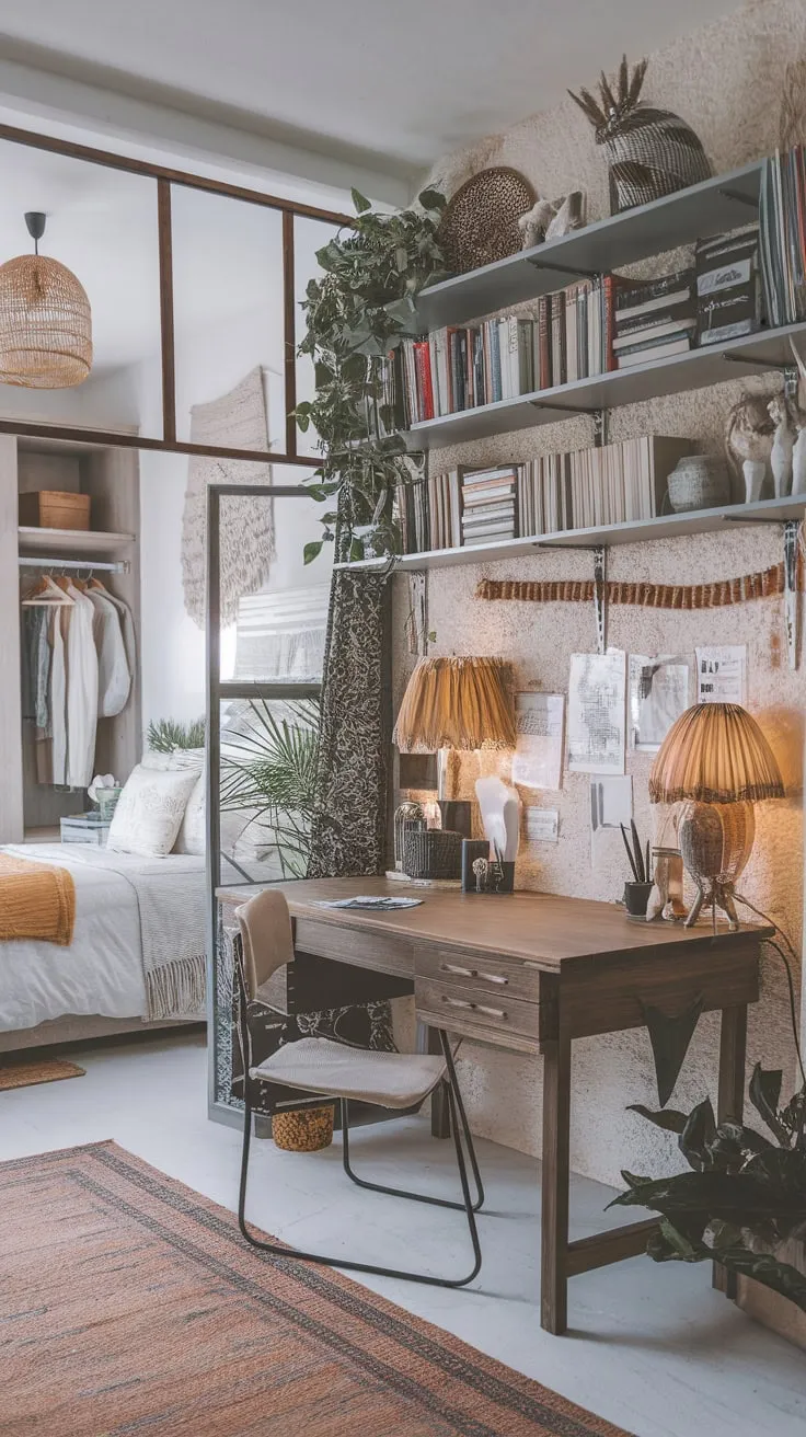 A bright bedroom's boho office corner blends a wooden desk, vintage lamp, and eclectic shelves for a vibrant workspace.