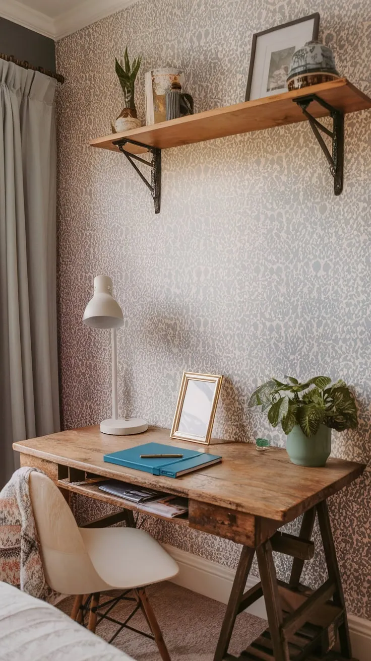 Floral wallpaper and a curated collection of plants and accessories transform a bedroom corner into a captivating boho office haven.