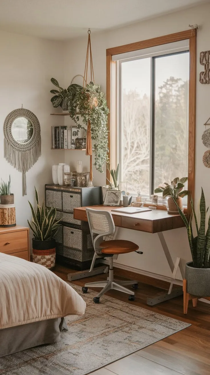 A nature-inspired boho bedroom office blends wood floors, a large window view, and eclectic décor for a creative workspace.