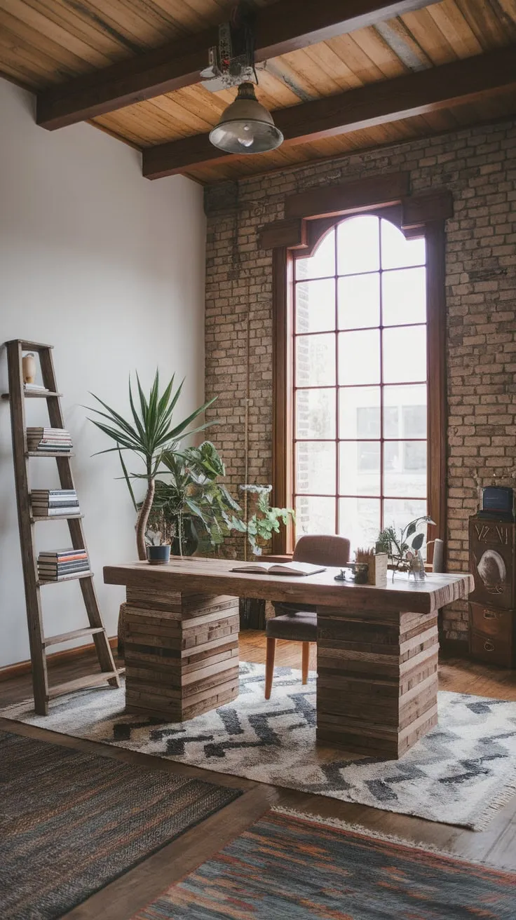 A spacious boho office boasts exposed brick, wooden beams, and eclectic details creating a cozy and inspiring workspace.