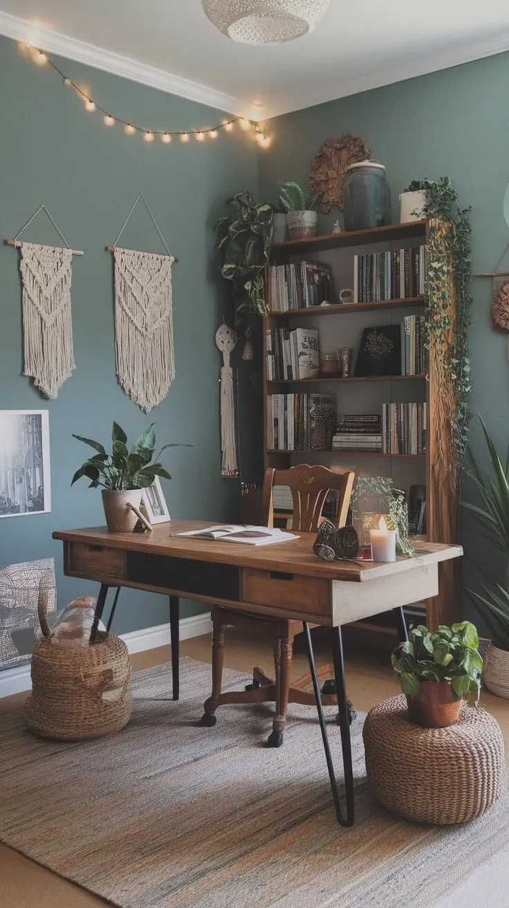 A teal-walled boho office blends vintage wood, woven textures, and hanging plants for a calming, eclectic workspace.