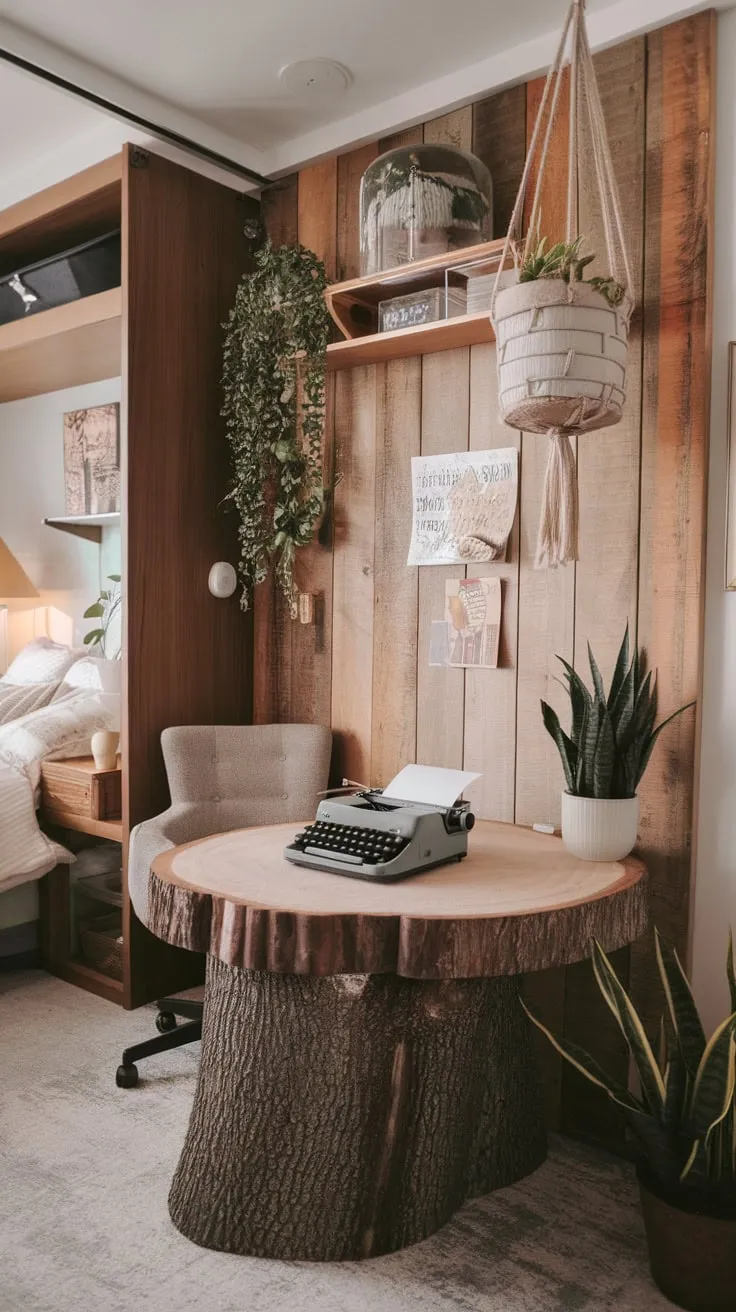 Nature-inspired décor and eclectic elements transform a bedroom corner into a cozy and productive boho workspace.