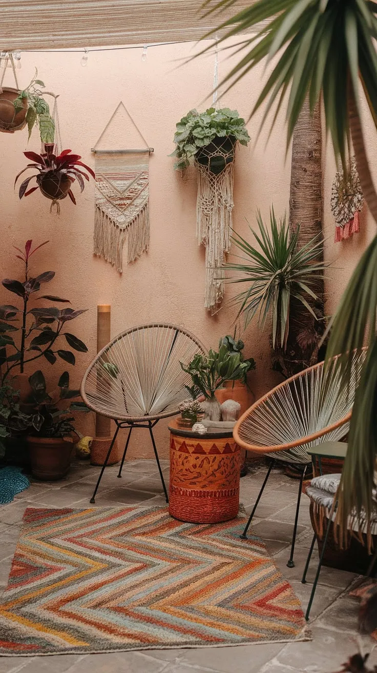 Transform your outdoor space into a bohemian haven with this cozy patio setup.  Find budget-friendly patio decorating ideas and patio inspiration for your own boho patio paradise. This outdoor patio ideas showcase the magic of creating a relaxing retreat without breaking the bank.