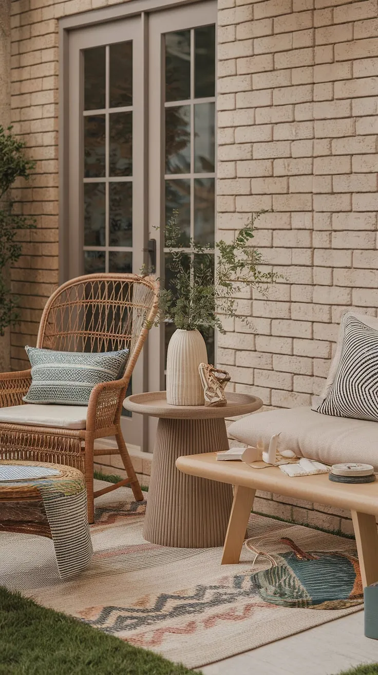 Create a dreamy bohemian patio oasis on a budget. This cozy patio showcases simple yet effective outdoor patio ideas, proving that boho patio style can be achieved without extravagance.  Find patio inspiration in this charming space, featuring affordable elements like a wicker chair and a wooden bench, demonstrating budget-friendly patio decorating ideas that maximize comfort and style.