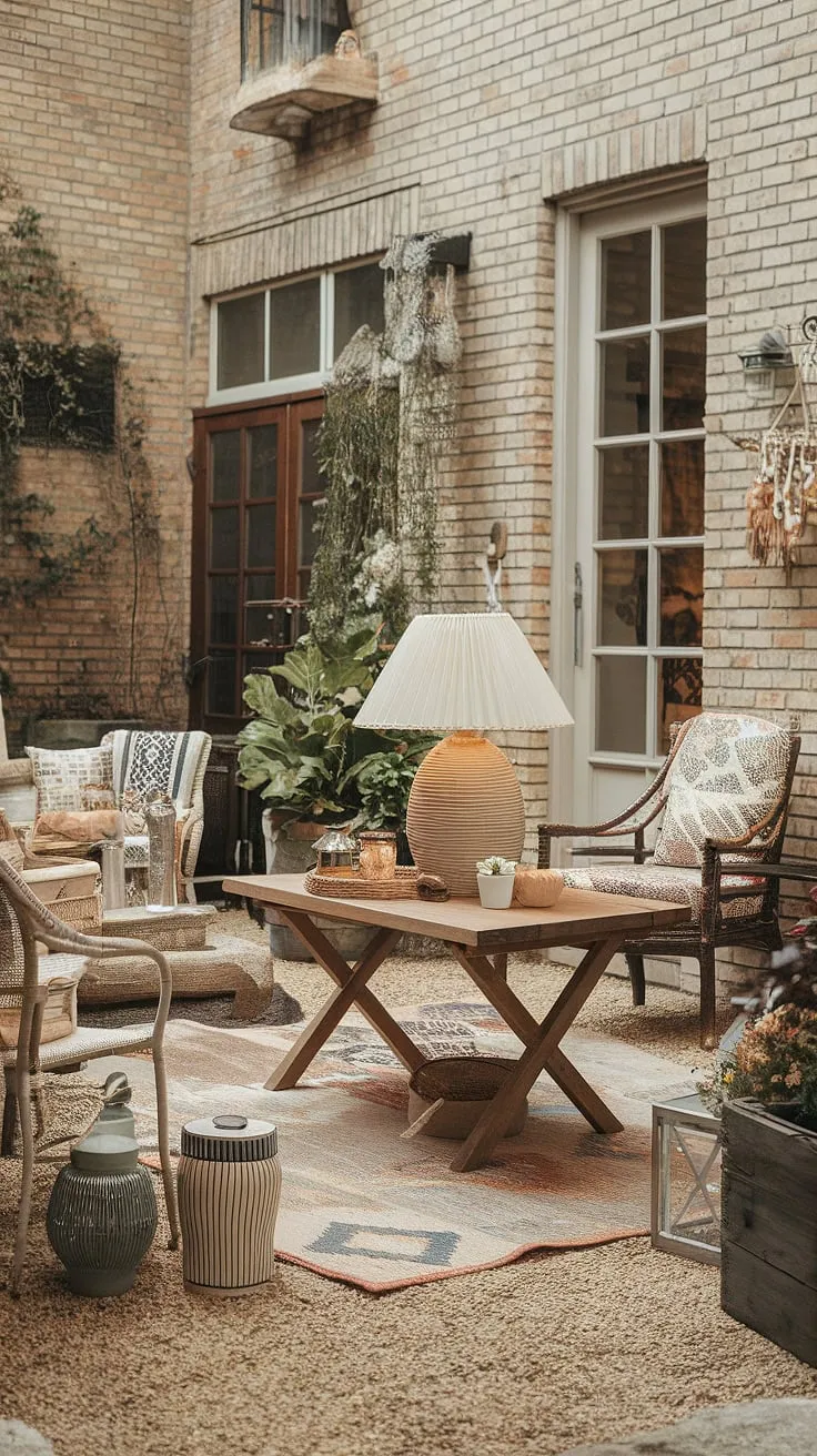 Cozy up your patio with this bohemian patio design.  Get inspired by these budget-friendly patio decorating ideas and create your own relaxing boho patio retreat.  Plenty of outdoor patio ideas to spark your imagination.
