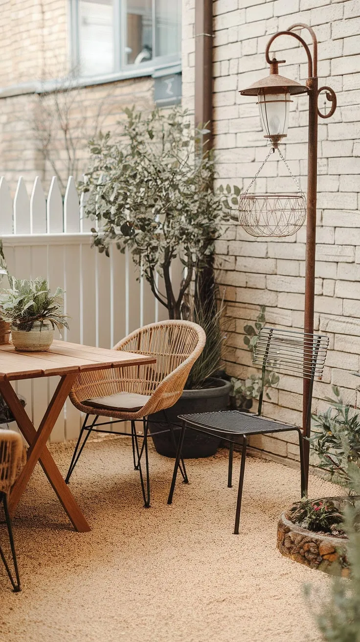 Escape to this cozy bohemian patio, perfect for quiet evenings and dreamy afternoons.  The mix of wicker and metal, the potted plant, and the rustic lamp post create a boho patio vibe that's both stylish and budget-friendly. This patio inspiration offers plenty of outdoor patio ideas for creating your own relaxing oasis.