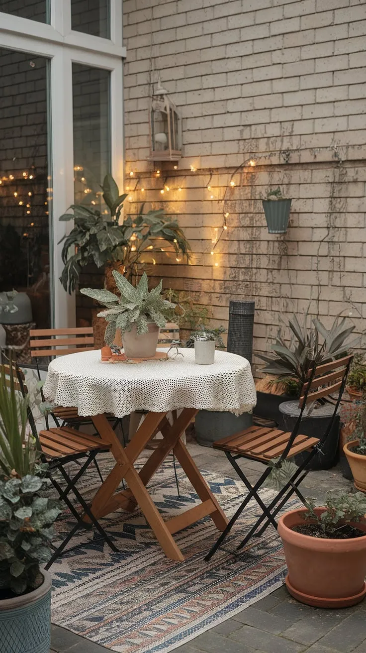 Transform your outdoor space into a bohemian haven with this cozy patio setup.  Budget-friendly patio decorating ideas like string lights and potted plants create a magical atmosphere, perfect for patio inspiration and outdoor patio ideas. This boho patio is the epitome of relaxed elegance.