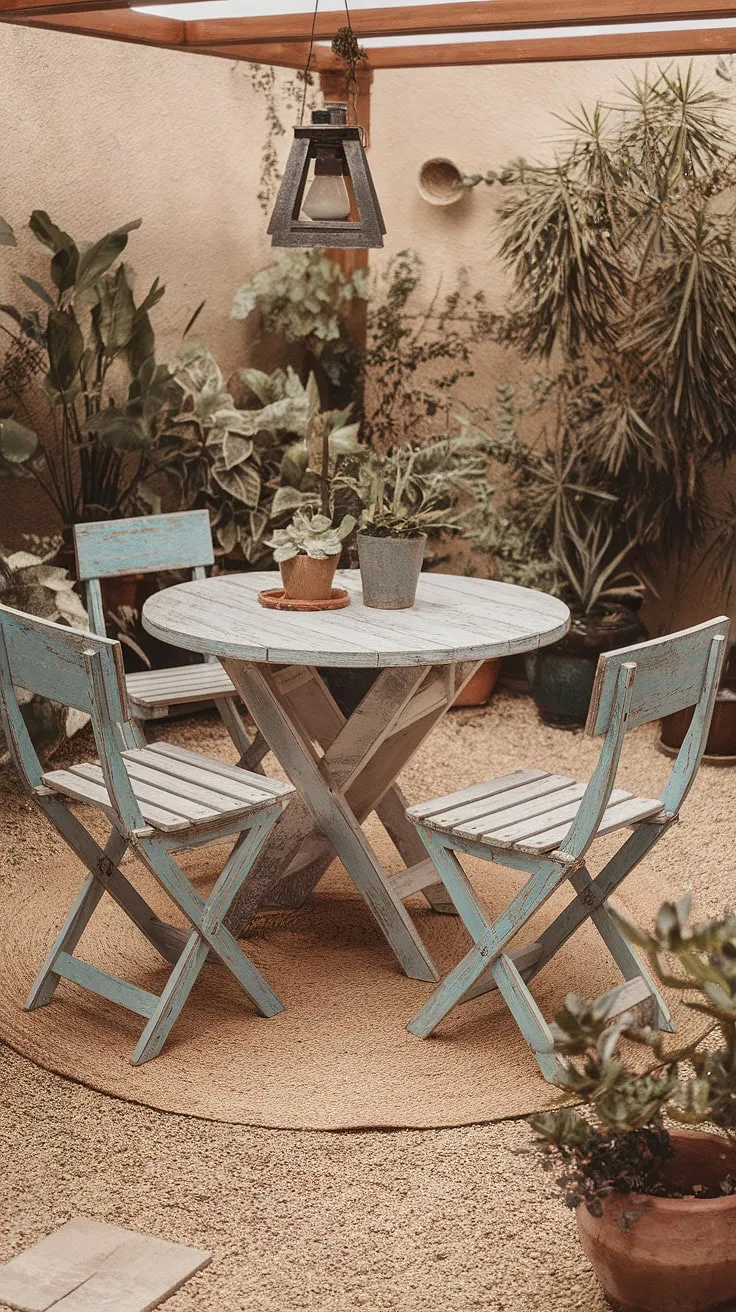 Transform your outdoor space into a bohemian haven with this cozy patio design.  Simple, distressed wooden furniture and lush potted plants create a welcoming ambiance, showcasing how easy it is to achieve stunning boho patio results without breaking the bank.  Find your own patio inspiration with these budget-friendly patio decorating ideas.
